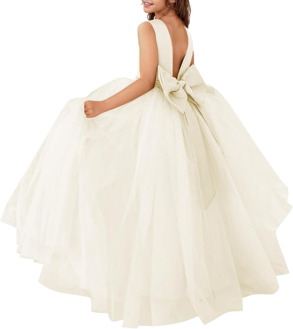 MCieloLuna Flower Girls Satin Tulle Princess Pageant Dress for Wedding Kids Pearls Prom Ball Gowns with Bow-Knot (6, Ivory)