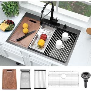 33 Inch Black Drop In Kitchen Sink- Bokaiya 33x19 Drop In Sink Kitchen Stainless Steel Topmount 16 Gauge 10" Deep Single Bowl Home Sinks with Cutting Board