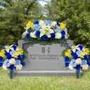 Artificial Cemetery Flowers with Vase for Grave Decoration - Headstones Memorial Flowers Bouquet- Blue Rose White Lily Carnation Yellow Hyacinth