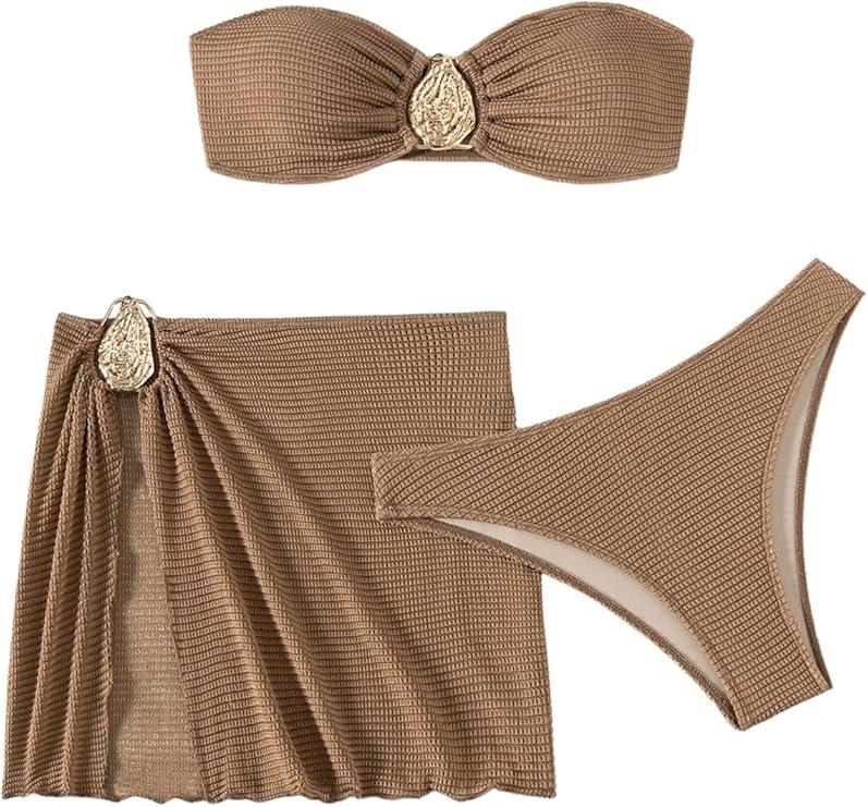 GORGLITTER Women's Strapless Bandeau Swimsuits High Waisted Cheeky Metal Bikini Sets with Bathing Suit Cover Up Skirts, Large