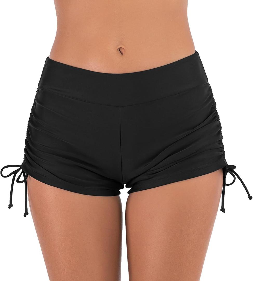 Women's Swim Shorts Swimsuit Boy Shorts Tie Side Bathing Suit Bottom Bikini Board Shorts (Medium, Black)
