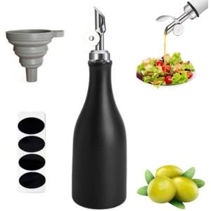 Ceramic Olive Oil Bottle Dispenser,10 Oz Large Capacity Oil and Vinegar Dispensing Bottle White Opaque Cruet with Stainless Steel Spout Kitchen Container for Coffee Syrups (Black)