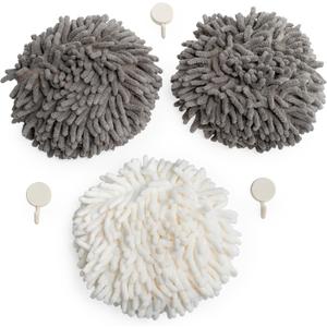 JJ KENT Fluffy Puffins Microfiber Hand Towels - Set of 3 Fluffy Hand Towels with Wall Hook Attachment - Quick and Easy Hand Drying Puffs (Grey and White)