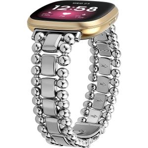 Beaded Bracelet Compatible for Fitbit Versa 4/Sense 2/Versa 3/Sense Band, Dressy Fancy Metal Elegant Jewelry Strap for Fitbit Smartwatch