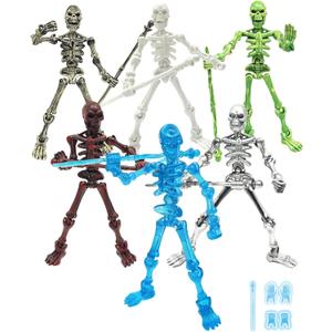 T13 Skeleton Action Figures - 6 Pack Glow in The Dark, DIY Assembly Required, Multi-Jointed Posable Bones, Unfinished Skull Kit for Halloween Party Favors, Goth Desktop Decor, Gift for Kids & Adults