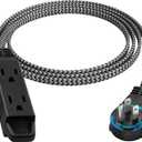 SURAIELEC 6FT Flat Extension Cord with 360 Rotating Plug, Braided Flat Plug with 3 Outlets, 16 AWG Thin Black Extension Cord for Indoor Use, Home, Office, Compact Spaces, ETL Listed