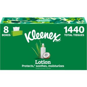 Kleenex Lotion Facial Tissues with Coconut Oil, 8 Flat Boxes, 180 Tissues Per Box, 3-Ply