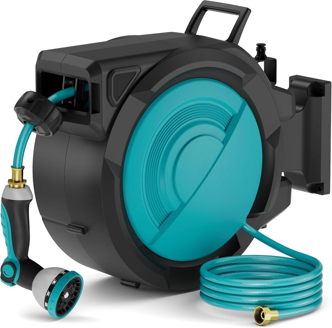 Retractable Garden Hose Reel 1/2 Inch x 100 ft, Heavy Duty Hose Reel Wall Mounted, Any Length Lock, Water Hose Reels 3/4 in Brass Fitting 10 Pattern, Auto Rewind System with 180 Swivel Bracket (Blue)