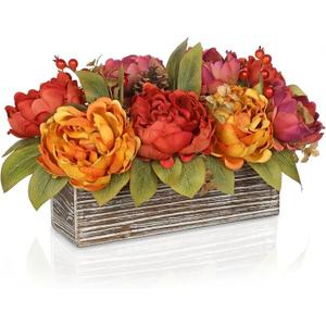 Fall Peonies Artificial Flowers In Rustic Wooden Box, Fall Silk Flowers Centerpieces for Tables, Falls Floral Arrangement with Pinecones, Berries for Autumn, Harvest Decor, Thanksgiving Decorations