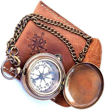 Handmade Nautical Brass Push Open Compass On Chain with Leather Case Pocket Compass Gift Compasses Rustic Vintage Home Decor Gifts