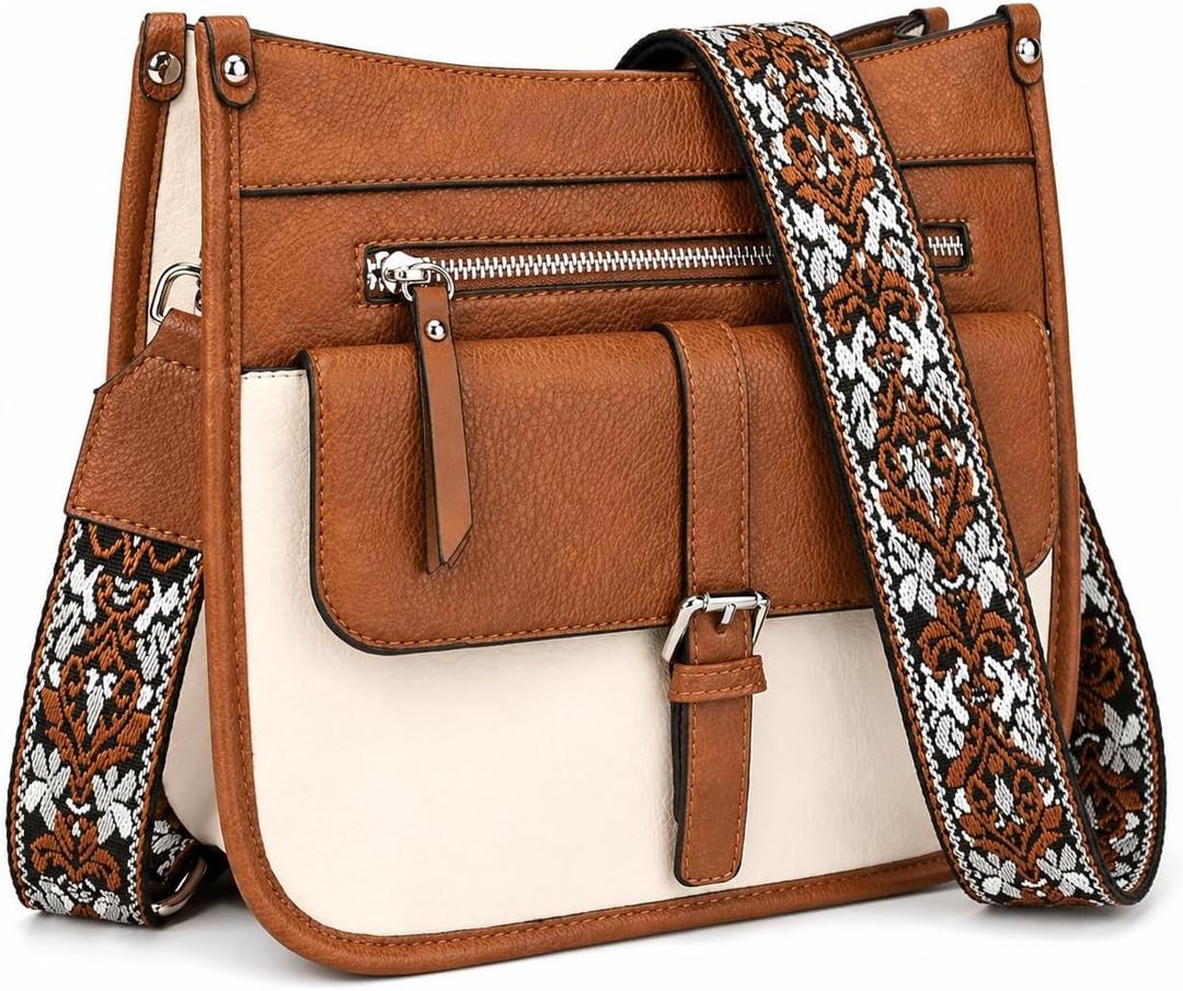 Medium Crossbody Purse for Women, Multi Pocket Shoulder Handbag with Wide Strap for Everyday UseShopping and Travel (Beige and Brown)