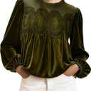 Velvet Tops for Women Lace Trim Long Sleeve Blouse Elegant Flared Crew Neck Loose Fit Ruffle Flowy Babydoll Shirts (Large, Green)