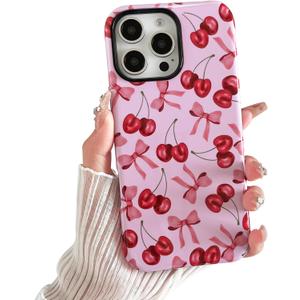 Compatible with iPhone 16 Pro Case, Cute Pink Cherry Bow Pattern with Shockproof Slim Soft TPU and Hard PC Protective Cover for Women Designed for iPhone 16 Pro Case, Glossy