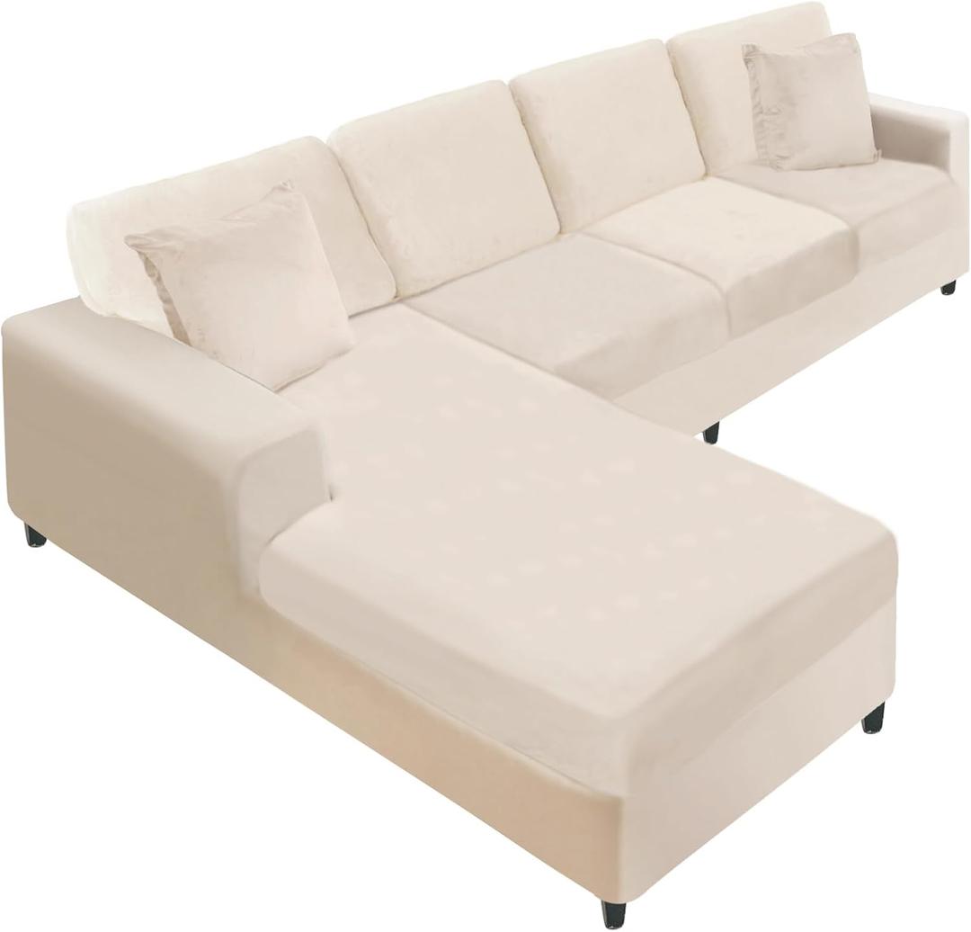 NAISI Sectional Couch Covers 8 Pieces Velvet Couch Cushion Covers L Shape Soft Stretch Sofa Slipcovers with 2pcs Pillowcases for Left/Right Chaise Sectional Couch(3 Seater+1 Chaise+4 Back,Beige)