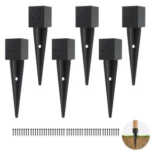 6 Pcs 4x4 Fence Post Anchor Ground SpikeInner Size 3.6"x3.6" 16" Black Powder CoatedMailbox Post Anchors, for Deck,Fence,Railing,Mailbox..