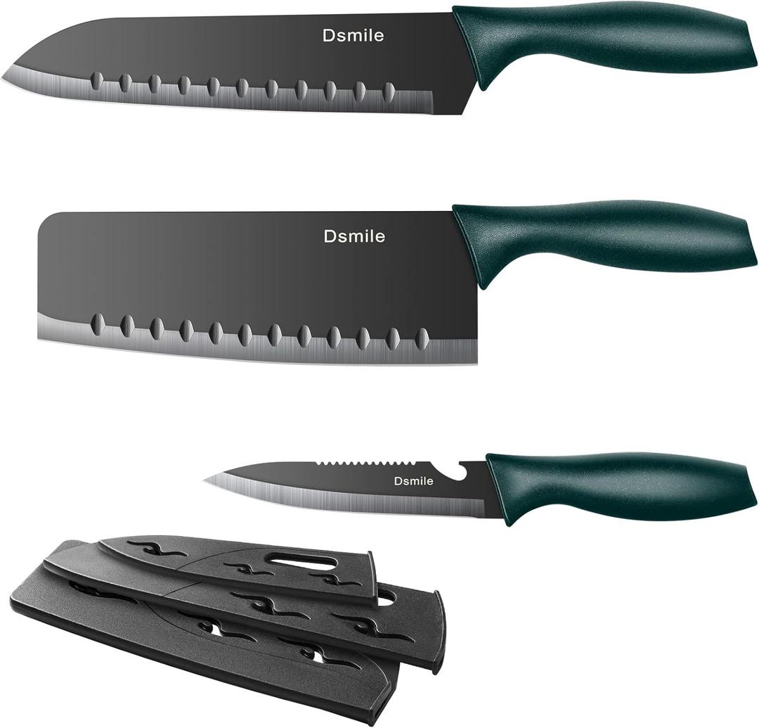 Dsmile 3-Piece Stainless Steel Kitchen Knife Set (Chef, Utility, Paring) with Clad Dimple and Knife Covers, For Chef Cooking Cutting