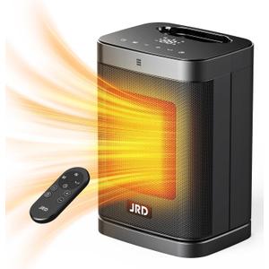 JRD 10inch PTC Space Heater with 80Oscillation, Thermostat, 12h Timer, Fast Heat, Eco Mode, Remote, 1500W Small Quiet Safe Room Electric Heater, Portable Desk Heat for Office Bedroom Black