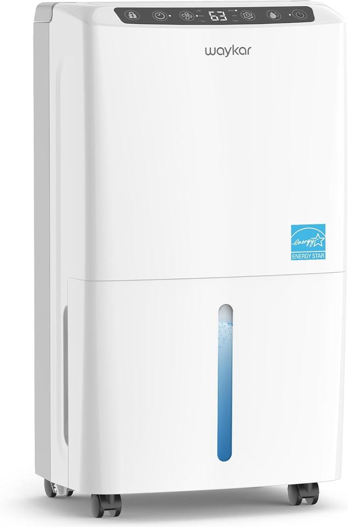 Waykar 2000 Sq. Ft 34 Pints 2025 Most Efficient Energy Star Dehumidifier for Home and Basement with Auto or Manual Drainage, Quiet 33dB Operation, 0.62 Gallon Water Tank Capacity