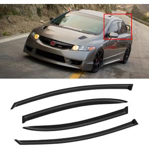 Window Visor for 2006-2011 Honda Civic, Out-Channel Rain Guards Shields Vent Deflector Shade Wind Dark Smoke for 06-11 Civic 2007 2008 2009 2010, Tape-On Outside-Mount, 4PCS