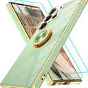 Gritup for Samsung Galaxy S23 Ultra Case: with 2Pcs Screen Protector, 360 Rotation Ring Holder Magnetic Kickstand, Plating Gold Edge Soft TPU Shockproof Protective Cover for S23 Ultra, Pea Green