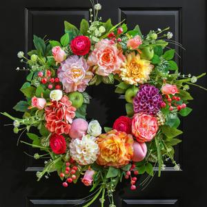 Pinkpuii Spring Wreaths for Front Door 24 Inch Lush Summer Flower Wreath with Peonies, Dahlias, Roses, Pink Hydrangeas & Realistic Fruit Accents, Unique Spring Door Wreath for Porch & Entryway Decor
