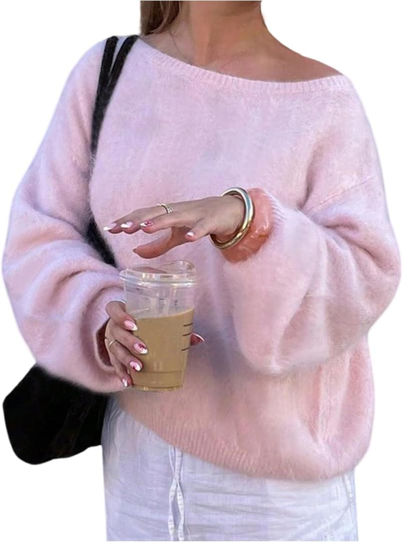 GORGLITTER Women's Fuzzy Off The Shoulder Sweaters Chunky Knit Oversized Long Sleeve Asymmetrical Pullover Tops Outfits (Pink)