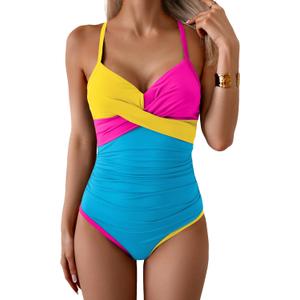 Eomenie One Piece Swimsuit for Women Tummy Control Ruched Bathing Suit Tie Back Slimming Swimsuit (L)