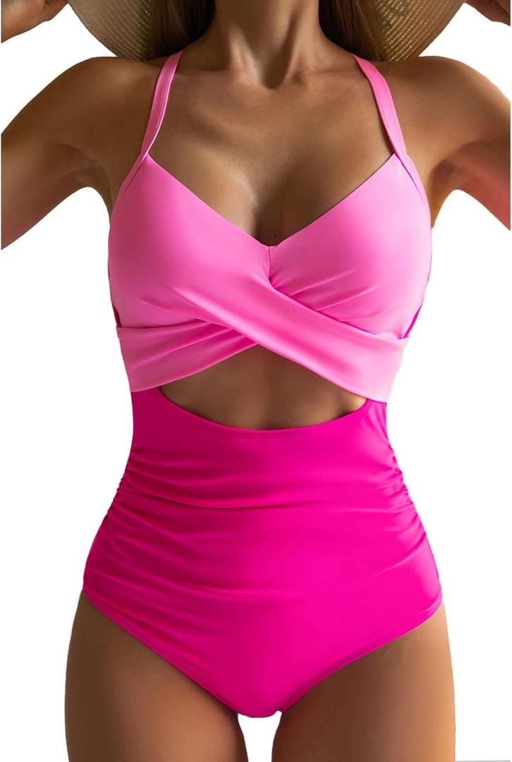 Eomenie Women's One Piece Swimsuits Tummy Control Cutout High Waisted Bathing Suit Wrap Tie Back 1 Piece Swimsuit (Large, Pink)