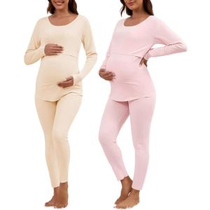 Patelai 2 Pack Thermal Nursing Underwear for Women Maternity Pajama Set Breastfeeding Sleepwear Fleece Lined Pregnancy Set(Nude, Pink, L)