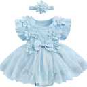 Karwuiio Newborn Baby Girl Romper Dress Short Sleeve Mesh Tutu Dress Baby Girls Lace Mesh Jumpsuits with Headband (3-6 Months, Blue)