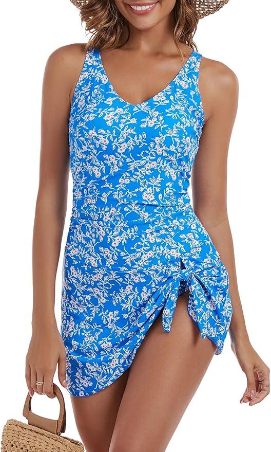 Aidonger One Piece Swim Dress Swimsuits for Women Tummy Control Swimdress Skirt Bathing Suit, L