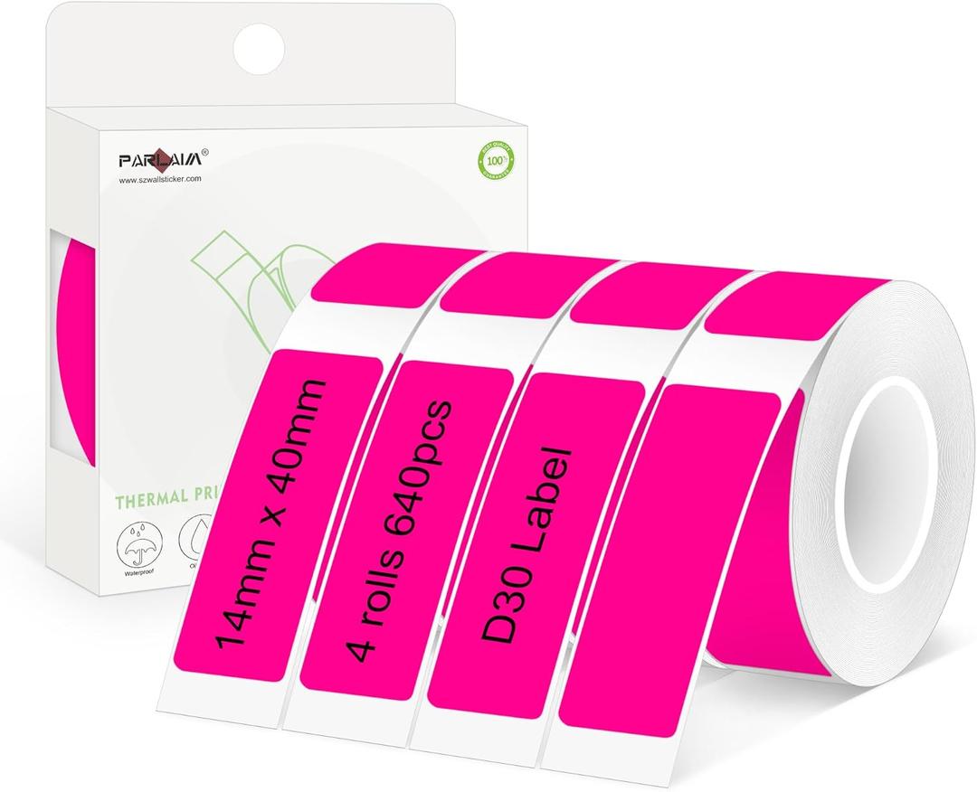 4 x PARLAIM 14 X 40mm (0.55"x1.57") Tear-Resistant Thermal Label, 4 Rolls 640pcs OEM Label Tape Replacement Compatible with D30 Label Maker Perfect for Home/Office/School, Fluorescent Pink
