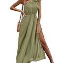 IFFEI Summer Dresses for Women 2024 Boho One Shoulder Maxi Dress Casual Sleeveless Flowy Split Beach Long Dress Light Olive, Small