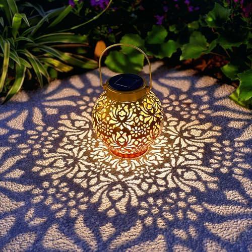 2 Pack Outdoor Solar Hanging Lantern Lights Metal LED Decorative Lamp for Garden Patio Courtyard Lawn and Table with Hollowed-Out Design (Sunset Blaze)
