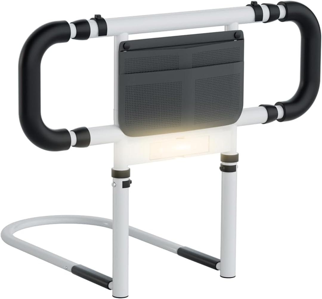 LIUQIBAX Bed Rails for Elderly Adults Safety: Elderly Assistance Products with Adjustable Double Grips, Storage Pocket, Motion Sensor Light, Items for Elderly Bed Rail, Can Withstand 300lb(White)