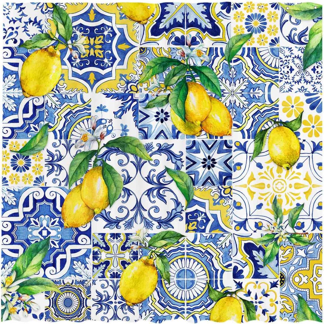 Allenjoy 72" x 72" Blue Tiles Lemon Shower Curtain Summer Fruit Chic Home Bathtubs Bathroom Curtain Decoration Set Washable Soft Durable Polyester Fabric (Hooks Not Included)