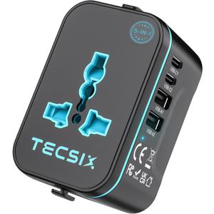 Universal Travel Adapter Worldwide, TECSIX European Travel Plug Adapter with 2 USB C, 2 USB A and Multi AC Outlets, International Power Converter for EU US UK AUS 200+ Countries Type A C G I