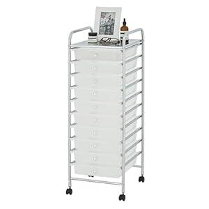 Display By Jack Rolling Storage Cart 10 Drawer Organizer with White Drawers, Slim 36" Chrome Frame, Locking Wheels, and Top Shelf for Office, Classroom, Bathroom, or Craft Storage