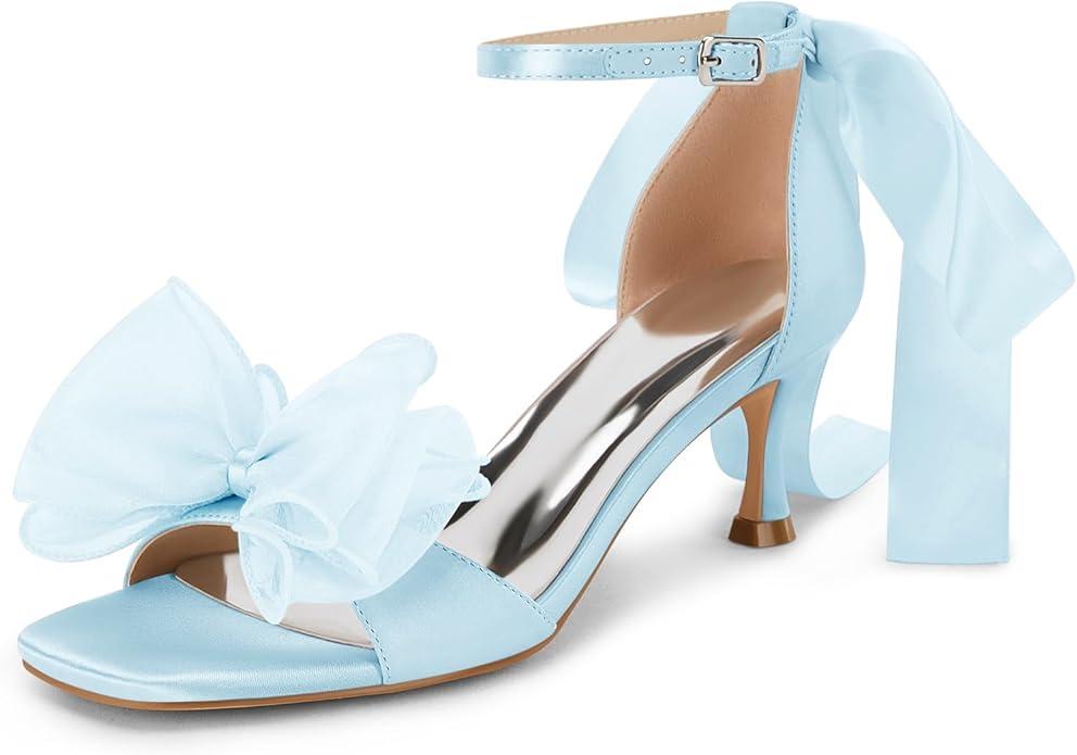 Coutgo Womens Bow Kitten Heels Sandals Square Open Toe Ankle Strap Satin Ribbon Wedding Dress Shoes Sky Blue, US 7