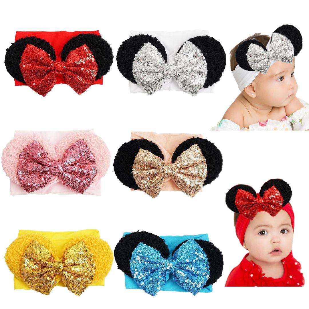 CellElection 6 Pack Mouse Ears Sequin Headbands 6Inch Large Big Sparkly Glitter Sequin Hair Bows Soft Nylon Hairbands Hair Accessories for Baby Girls Newborns Infants Toddlers Baby