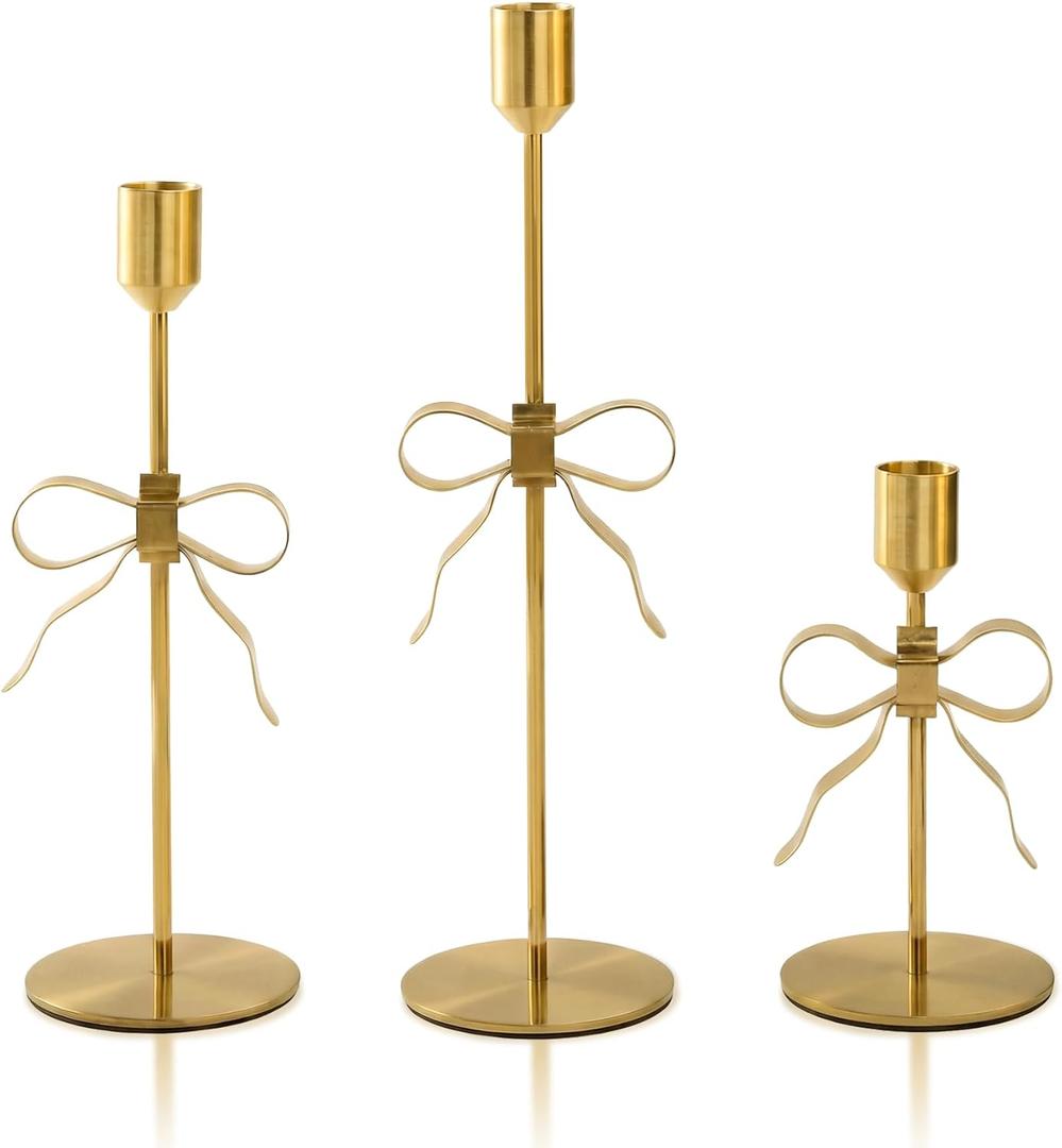 Bow Candle Holder - Set of 3 Metal Gold Bow Candlestick Holder, Modern Decorative Taper Candle Holder for Centerpiece Dining Table Wedding Holiday Housewarming Gift, Gold Finish (Style1-Gold)