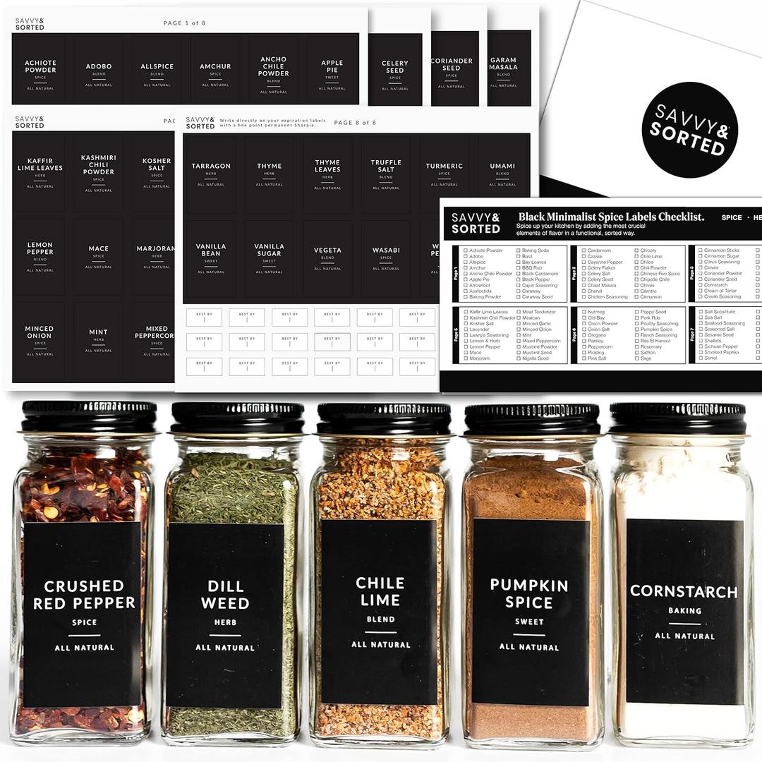 Black Spice Labels for Jars, 148 Preprinted Organizing Stickers Designed for Spices Storage Glass Bottles for Herbs Seasonings, Kitchen Pantry Organization
