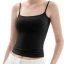 PUMIEY Women's Square Neck Tank Top Adjustable Spaghetti Straps Sleeveless Basic Tops Sharp Collection (Large, Jet Black)