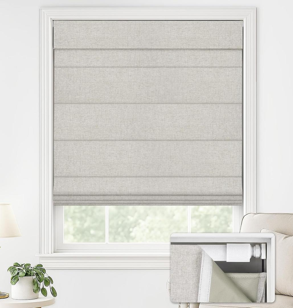 LazBlinds No Drill Roman Shades for Windows, Cordless Blackout Window Shades with UV Protection, Polyester Fabric for Bedroom & Living Room, 34" W x 64" H, Beige