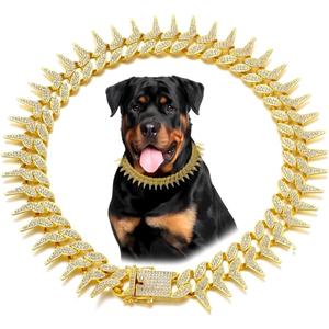 Gold Silver Side Spiked Style Dog Chain Collar Necklace, Bling Diamond Cuban Link, Glitter Rhinestone, for Small Medium Large Pet Dogs (Gold, 18 Inch)
