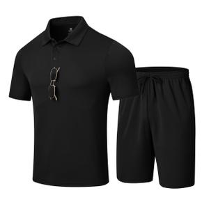 MoFiz Mens Two Piece Sweatsuit Set Polo Shirt Shorts Set Comfortable Men's Outfits Tracksuit Black Large (L)