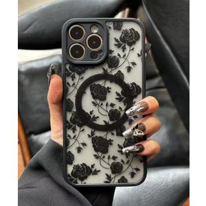Case for iPhone 16 Pro Max [Compatible with MagSafe] Aesthetic Black Rose Goth Design for Women Girls | Soft TPU Bumper Hard PC Back Translucent Matte Protective Slim Magnetic Phone Cover