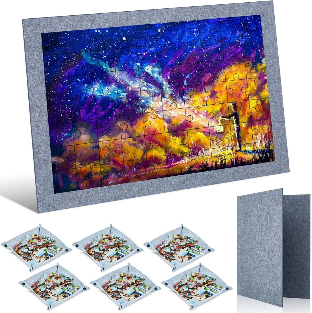 Bokon Felt Puzzle Board 2000 Pcs 46 x 31 Inch Large Jigsaw Puzzle Mat with 6 Portable Sorting Tray Holder, Foldable Saver Storage, Sheets Keeper Organizer and Gray Pad, Birthday Gift for Jigsaw Lover, 45.7 x 30.7 inches