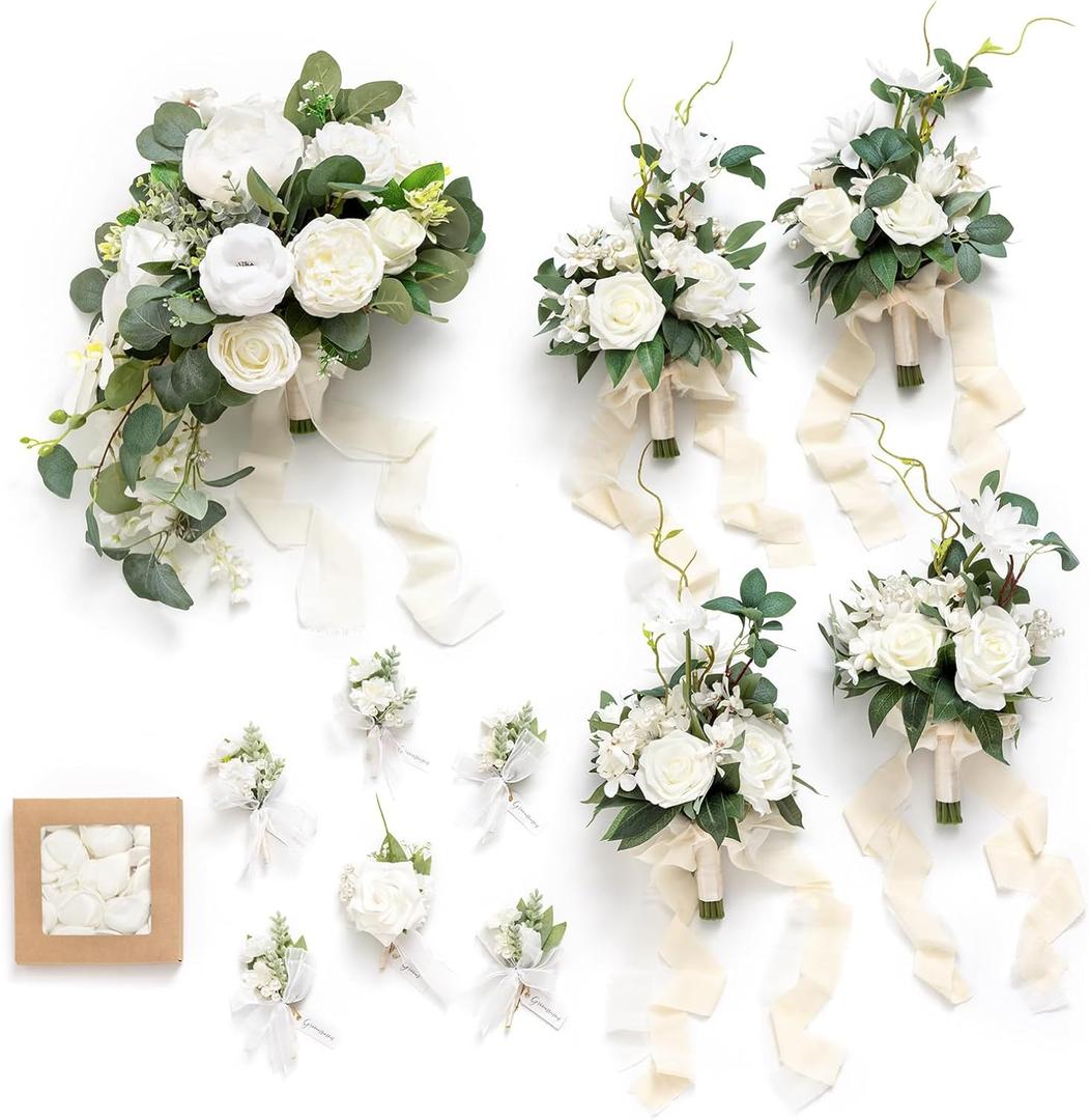 Ling's Moment Wedding Artificial Flowers Package, Bridal Bouquet, Bridesmaid Bouquets, Boutonniere for Men, Rose Petals, White Sage