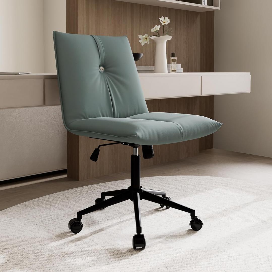 YOUTASTE Office Chair Armless Desk Chair with Wheels, Comfortable Upholstered Computer Task Chairs with Back Support, Adjustable Modern Swivel Rolling Vanity Chair for Home Bedroom, Blue Gray